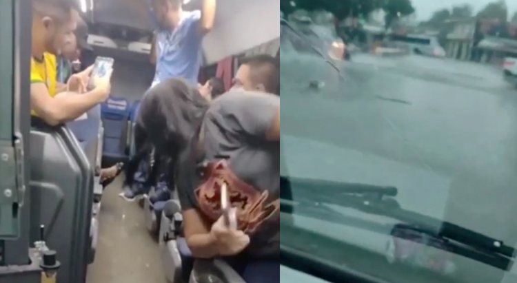 Funcionários passam sufoco em ônibus de rota após forte temporal em Manaus; veja vídeo