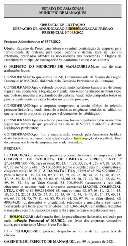 Relembrando Recentemente o prefeito gastou mais de R$1,3 milhão dos recursos públicos na contratação da empresa para fornecimento de material para e cozinha e demais itens. De acordo com pregão Presencial N 045/2022, as empresas vencedoras do são J.M Comercio de produtos de limpeza- Eirelli,sub escrito no CNPJ 27.334 902/0001-76 e a M.N.C.A da Mata Ltda e Maxpel comercial Lta.