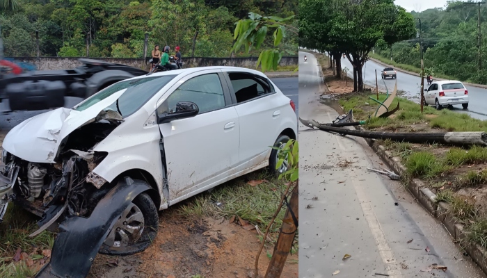 Motorista perde controle do carro em pista molhada e derruba poste na avenida do Turismo; veja vídeo