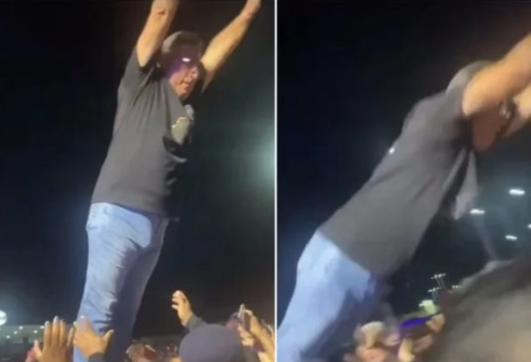 Prefeito testa habilidade de ‘voar’ entre a multidão, mas o resultado não foi uma das melhores; veja vídeo