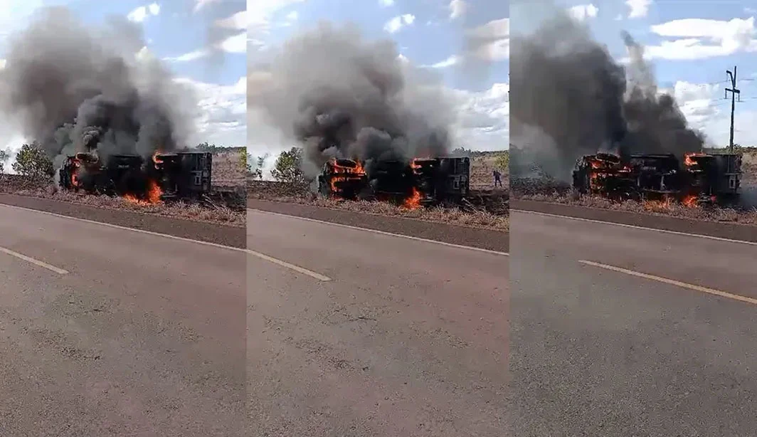 Caminhão do exército brasileiro pega fogo perto da fronteira com a Guiana; veja vídeo