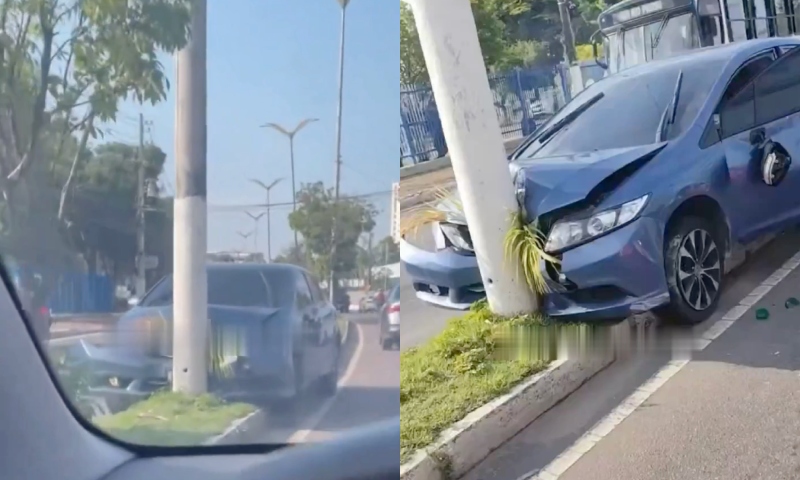 Carro perde controle e bate em poste na avenida André Araújo, em Manaus; veja vídeo
