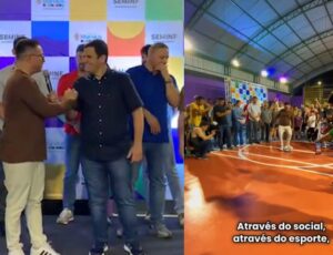 Rodrigo Guedes e Renato Junior comemoram juntos a reforma da quadra poliesportiva no bairro Aparecida; veja vídeo
