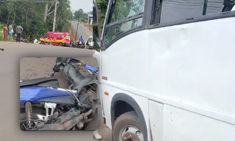 Motoqueiro e garupa ficam em estado gravíssimo após baterem contra microônibus em Manacapuru; veja vídeo