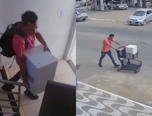 Bandido rouba cofre e foge usando carrinho de compras; veja vídeo