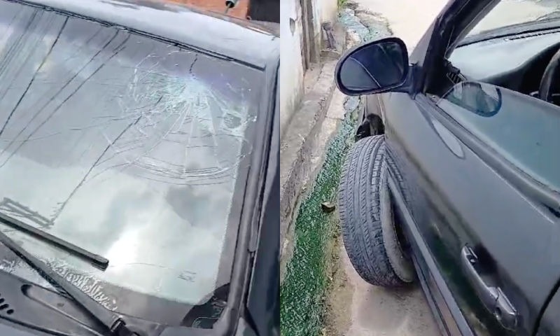Buraco deixado pela Águas de Manaus causa acidente e destrói carro de idoso no Jorge Teixeira; veja vídeo