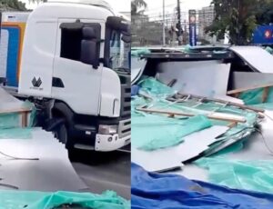 Urgente: carga se solta de carreta e causa congestionamento na Ponta Negra; veja vídeo