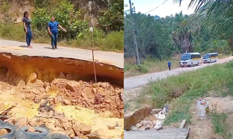 Cratera em trecho da BR-174 faz moradores fecharem trajeto para evitar tragédias: "aqui passa veículo escolar todo dia"; veja vídeo