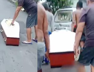 Funerária derruba caixão com falecido em rua no bairro Colônia Oliveira Machado, em Manaus; veja vídeo