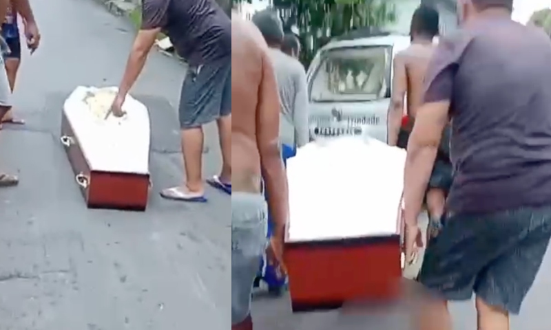 Funerária derruba caixão com falecido em rua no bairro Colônia Oliveira Machado, em Manaus; veja vídeo