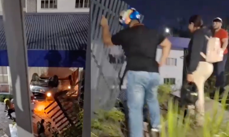 Urgente: carro atravessa calçada, rompe grades e cai atrás da área de treinamento do Detran em Manaus