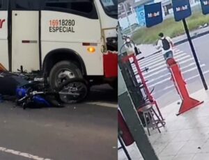 Pedestre atravessa na hora errada e causa acidente de moto na Avenida das Flores; veja vídeo