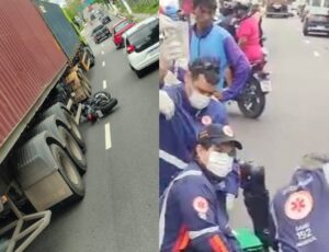 Urgente: veja momento em que motoqueiro tenta ser reanimado após acidente com carreta na avenida Efigênio Salles, em Manaus
