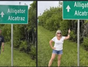 'Alligator Alcatraz': placa de trânsito que sinaliza prisão para imigrantes ilegais vira atração turística na Flórida