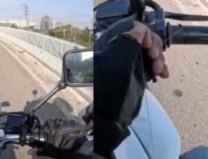 Perigo: motoboy quase sofre acidente ao ser atingido por linha com cerol; veja o vídeo