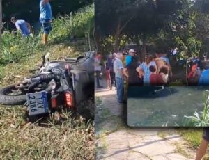 Jovens sofrem gravíssimo acidente de moto e um deles cai dentro do Igarapé do Passarinho, em Manaus; veja vídeo