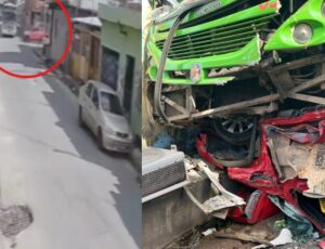 Veja momento do acidente entre ônibus e picape no bairro Lírio do Vale, em Manaus; vídeo